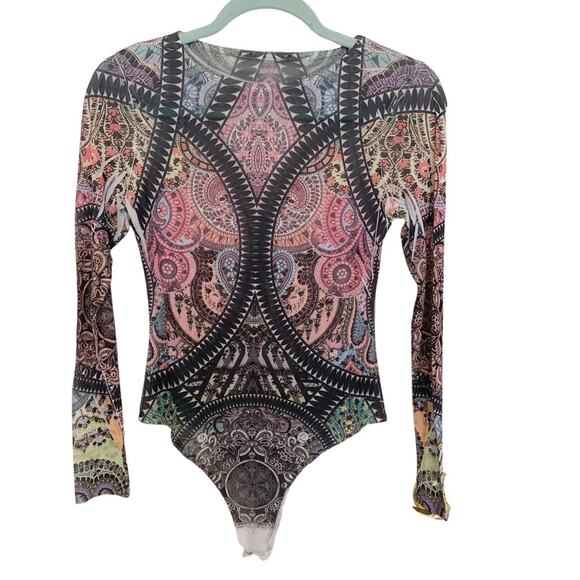Fashion Nova Tops - Fashion Nova Kaleidoscope Paisley Print Long Sleeve Mesh Body Suit Small